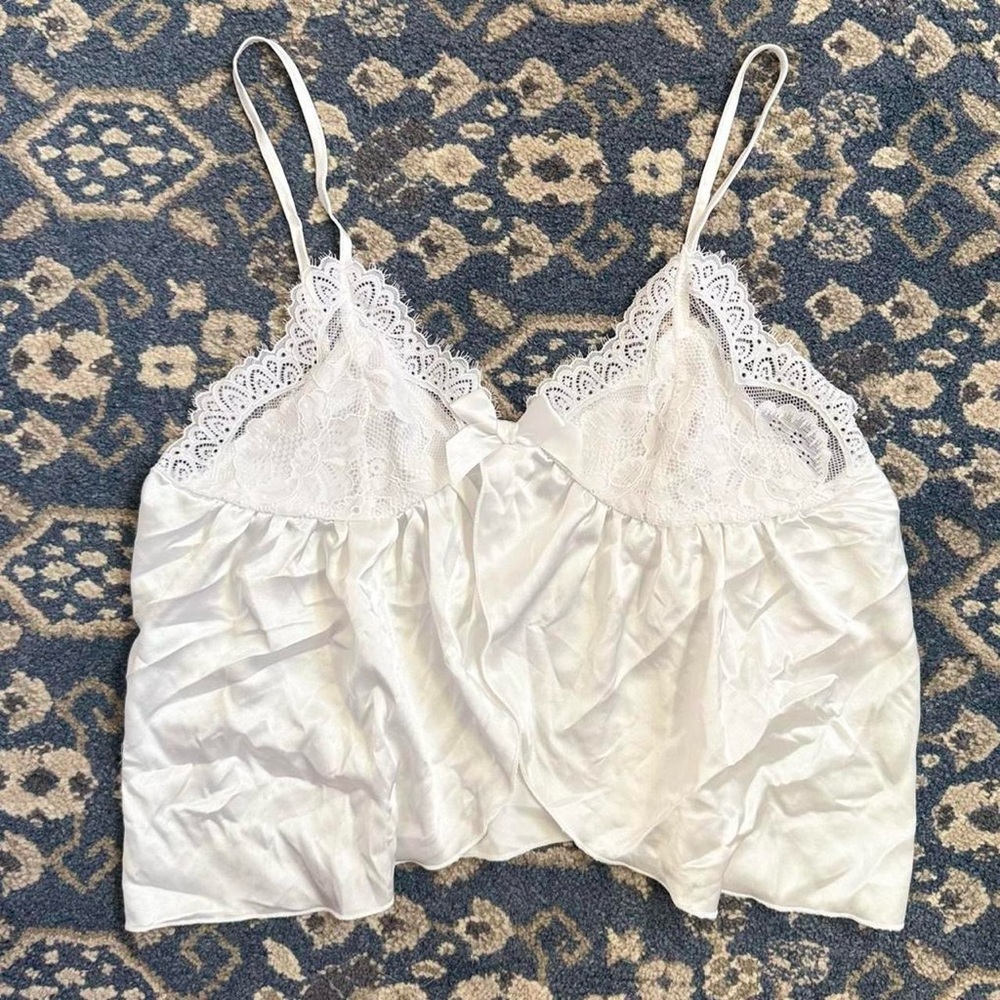 white babydoll cami silky satin bralette coquette lace trim — Size S